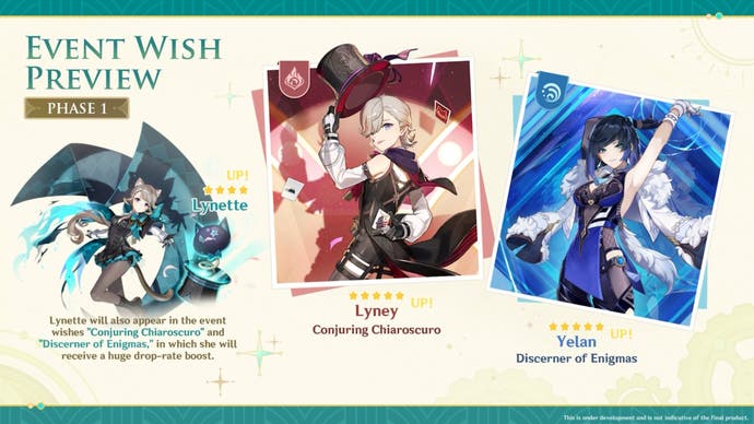 Showing character details for lyney yelan and lynette for 4.0 phase 1 banners.