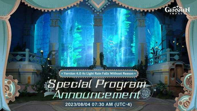 Text showing the Special Program Annoucement date and time in UTC-4 on a background of water resembling an aquarium glass window.