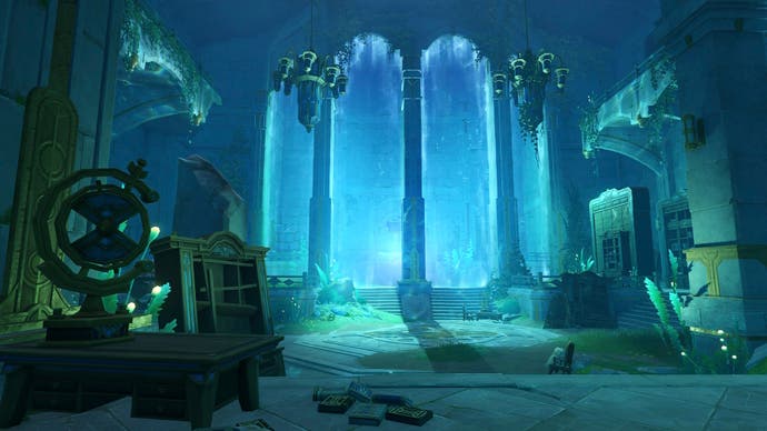 Artwork of an underwater landscape behind pillars in a dark dilapidated room.