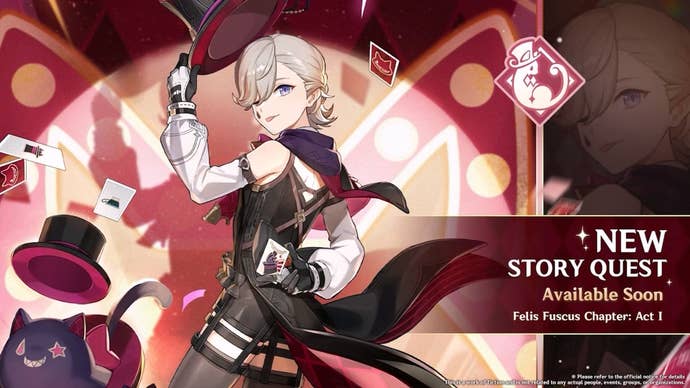 Lyney tipping his magicians hat on a red background with text saying he is getting a story quest.