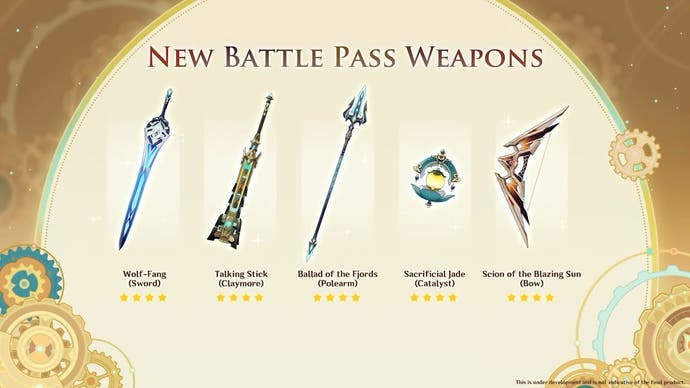Images and brief text descriptions of new fontaine weapons on a white and gold background.
