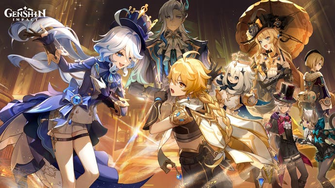Artwork with an anime style depicting new fontaine characters with the traveler and paimon in the middle.