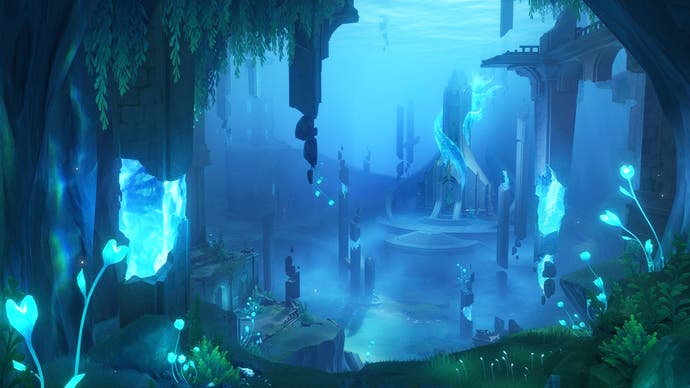 Screenshot of an underwater landscape with buildings and aquatic plants.