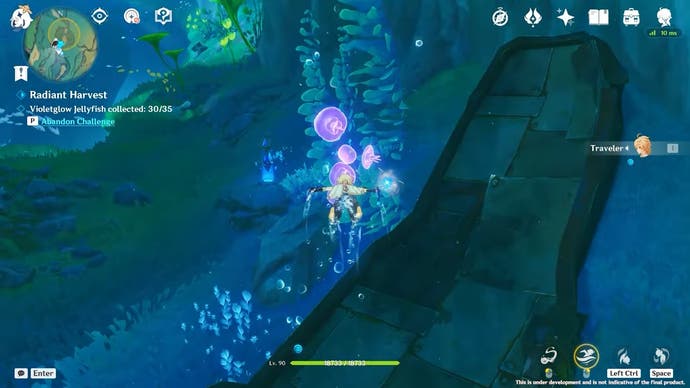 gameplay of swimming underwater and collecting a violet jellyfish