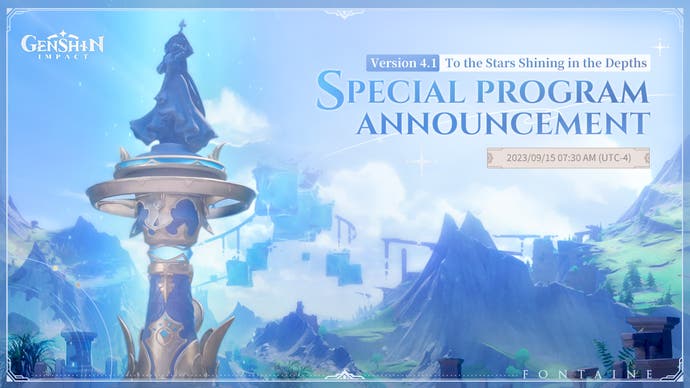 official image of the 4.1 livestream announcement featuring a statue of seven in fontaine with hills and floating blocks in the background