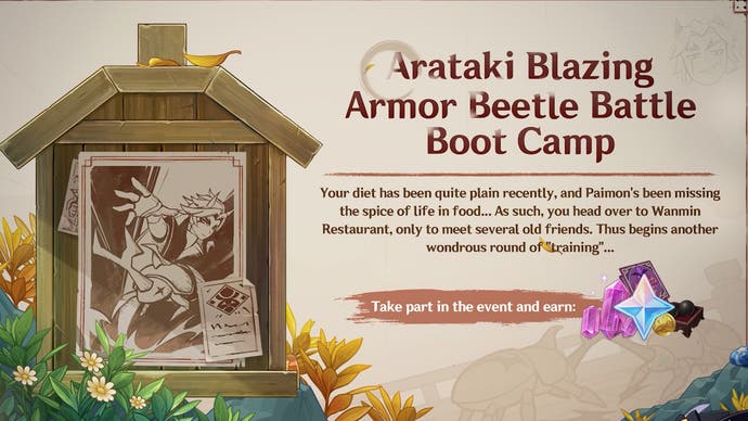 artowkr of the beetle fighting event in version 4.3 featuring arataki itto with a summary of how the event starts and small menu images of its rewards like primogems and mora