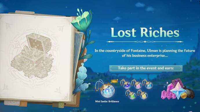 artwork for the lost riches event in version 4.3 with a summary of the event and reward icons shown at the bottom, including the brilliance seelie and different coloured mini seele
