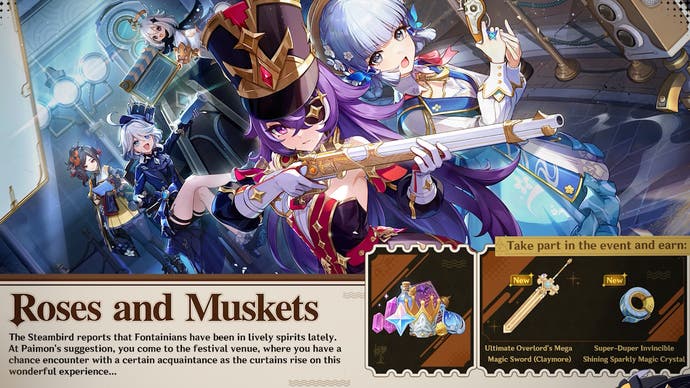 cropped view of the official 4.3 artwork with a summary of the roses and muskets main event and reward images for a free claymore and item and other rewards like primogems and mora