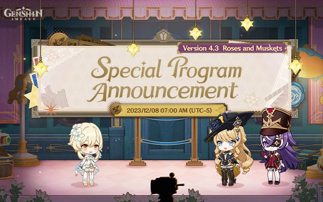chibbi versions of lumine, navia, and chevreuse under a banner showing the 4.3 special program livestream time