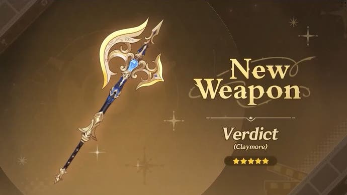the verdict claymore weapon on a gold and brown background with text showing its name and that it is a five star