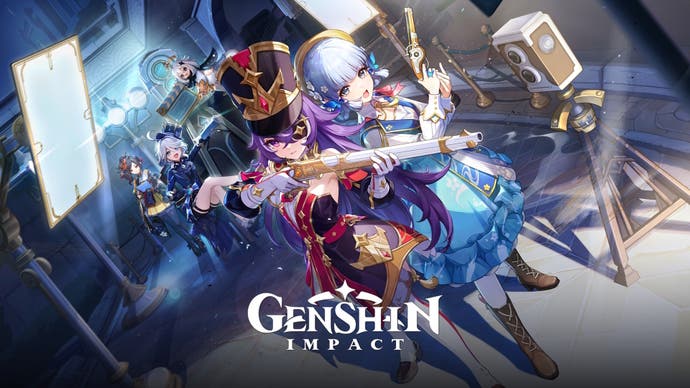 official artwork for version 4.3 showing chevreuse aiming a gun to the right with ayaka beside her holding a pistol to her head with paimon and furina and chiori in the background