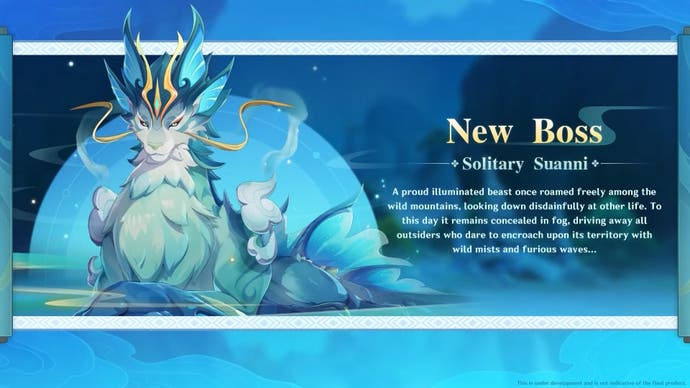 Artwork and description of the new version 4.4 Liyue boss, Solitary Suanni.