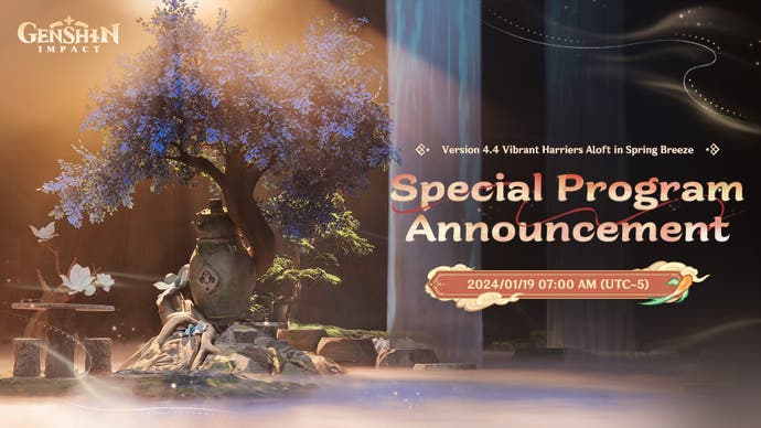 Official promo for the 4.4 livestream showing a tree with purple leaves by a small pond, with an orange sky.
