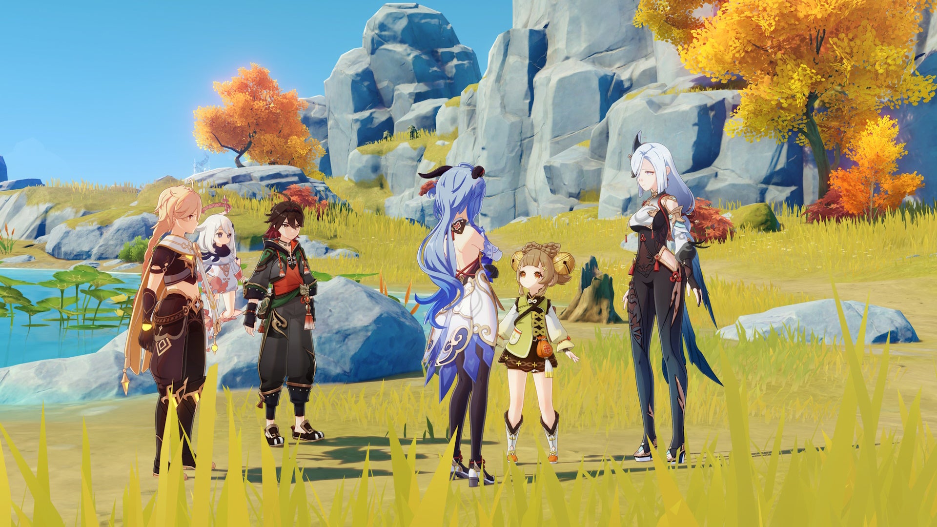 Ganyu, Shenhe, Aether, Gaming, and Yayoyao talking in a Liyue field.