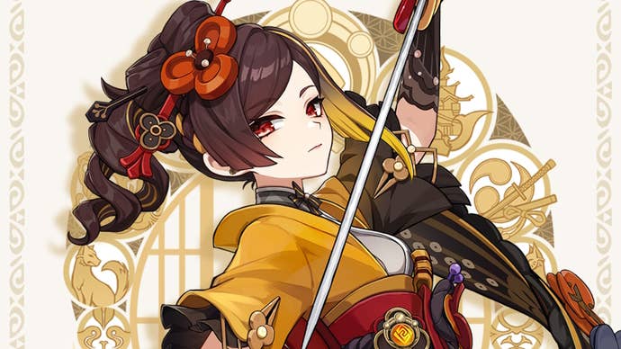 Offical drip marketing image for Geo five star character Chiori in Genshin Impact.
