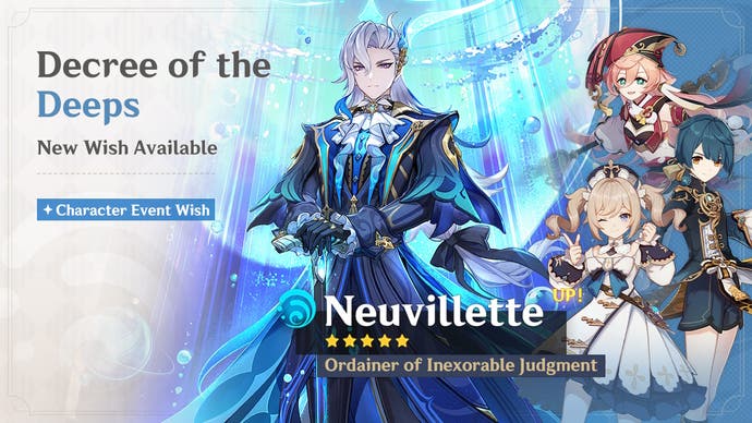 Neuvillette Banner in version 4.5 Phase 2 of Genshin Impact, featuring boosted four star characters Yanfei, Barbara, and Xingqiu.