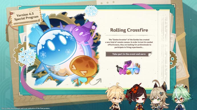 Genshin Impact 4.5 event Rolling Crossfire details and artwork from 4.5 livestream.
