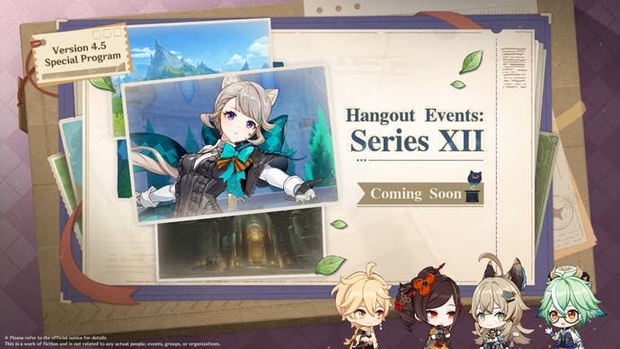 Artwork announcing Lynette's Hangout Quest in version 4.5 of Genshin Impact during the 4.5 livestream.