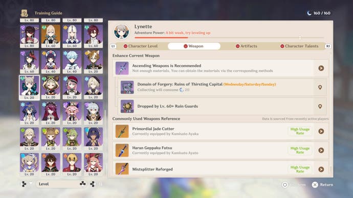 The Training Guide menu being introduced in Genshin Impact version 4.5, showing suggestions for what players should do with their characters.