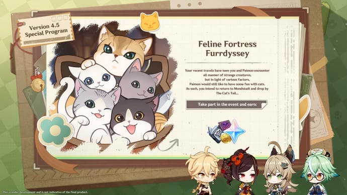Genshin Impact 4.5 event Feline Fortress Furrdyssey details and artwork from 4.5 livestream.