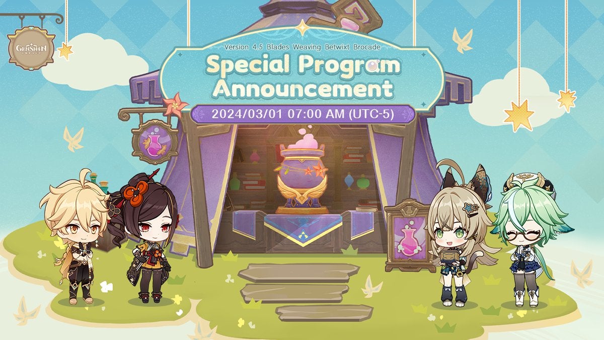 Chibi versions of Aether, Chiori, Kirara and Sucrose in front of a purple tent with a purple cauldron as part of the date announcement for the 4.5 livestream special program for Genshin Impact.