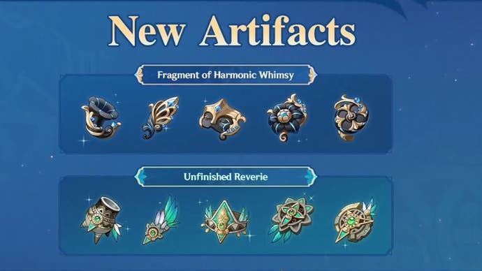 Two new Genshin Impact artifact sets displayed, the Fragment of Harmonic Whimsy and Unfinished Reverie.