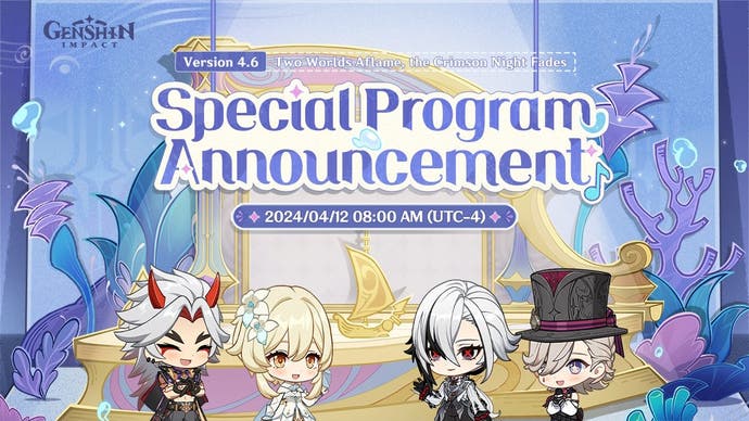 Genshin Impact 4.6 official livestream art annoucing the date and time with chibi avatars of Itto, Lumine, Arlecchino and Lyney.
