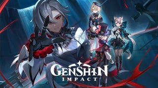 Promotional artwork for Genshin Impact version 4.5 showing Arlecchino in the foreground, with her children Lyney, Lynette, and Freminet in the background.