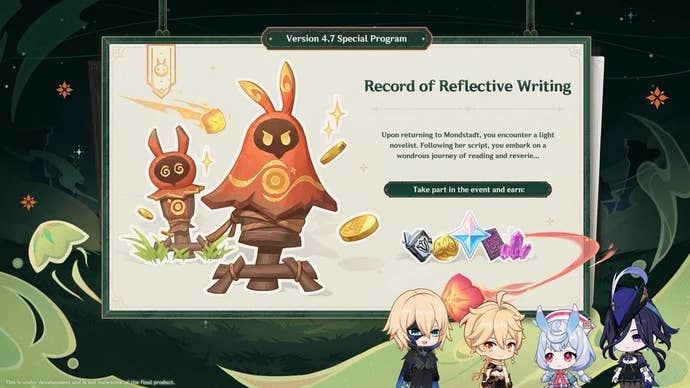 Genshin Impact 4.7 livestream artwork and description for the Record of Reflective Writing event.