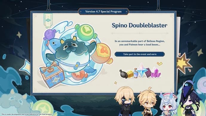 Illustration and description of the Genshin Impact 4.7 live stream for the Spino Doubleblaster event.