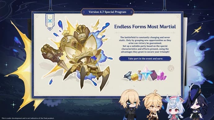 Genshin Impact 4.7 livestream artwork and description for the Endless Forms Most Marshall event.