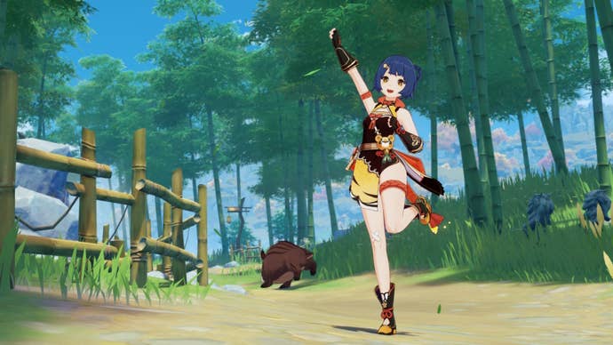 Xiangling from Genshin Impact posing with one leg lifted up and one arm pumping the air in a new Imaginarium Theater pose.