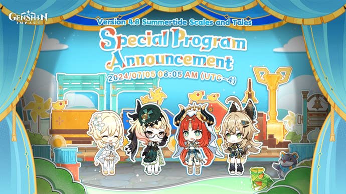 Chibi artwork of Lumine, Emilie, Nilou and Kirara on the promo artwork for Genshin Impact’s 4.8 livestream.