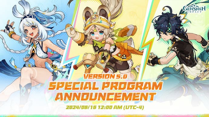 Official promotional artwork for the Genshin Impact 5.0 livestream showing the date and time, featuring the characters Natlan Mualani, Kachina, and Kinich.
