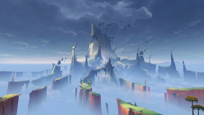 Pemandangan cakrawala wilayah Ochkanatlan Natlan di Genshin Impact.