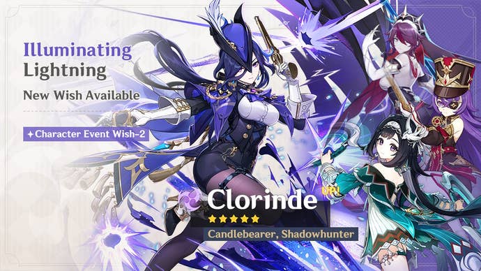 Clorinde’s Banner in version 5.3 of Genshin Impact with Lan Yan, Rosaria, and Chevreuse.