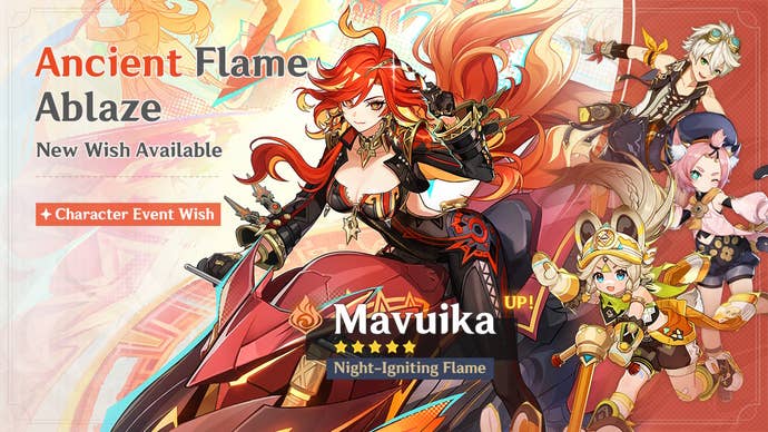 Mavuika’s Banner in version 5.3 of Genshin Impact with Kachina, Bennett, and Diona.