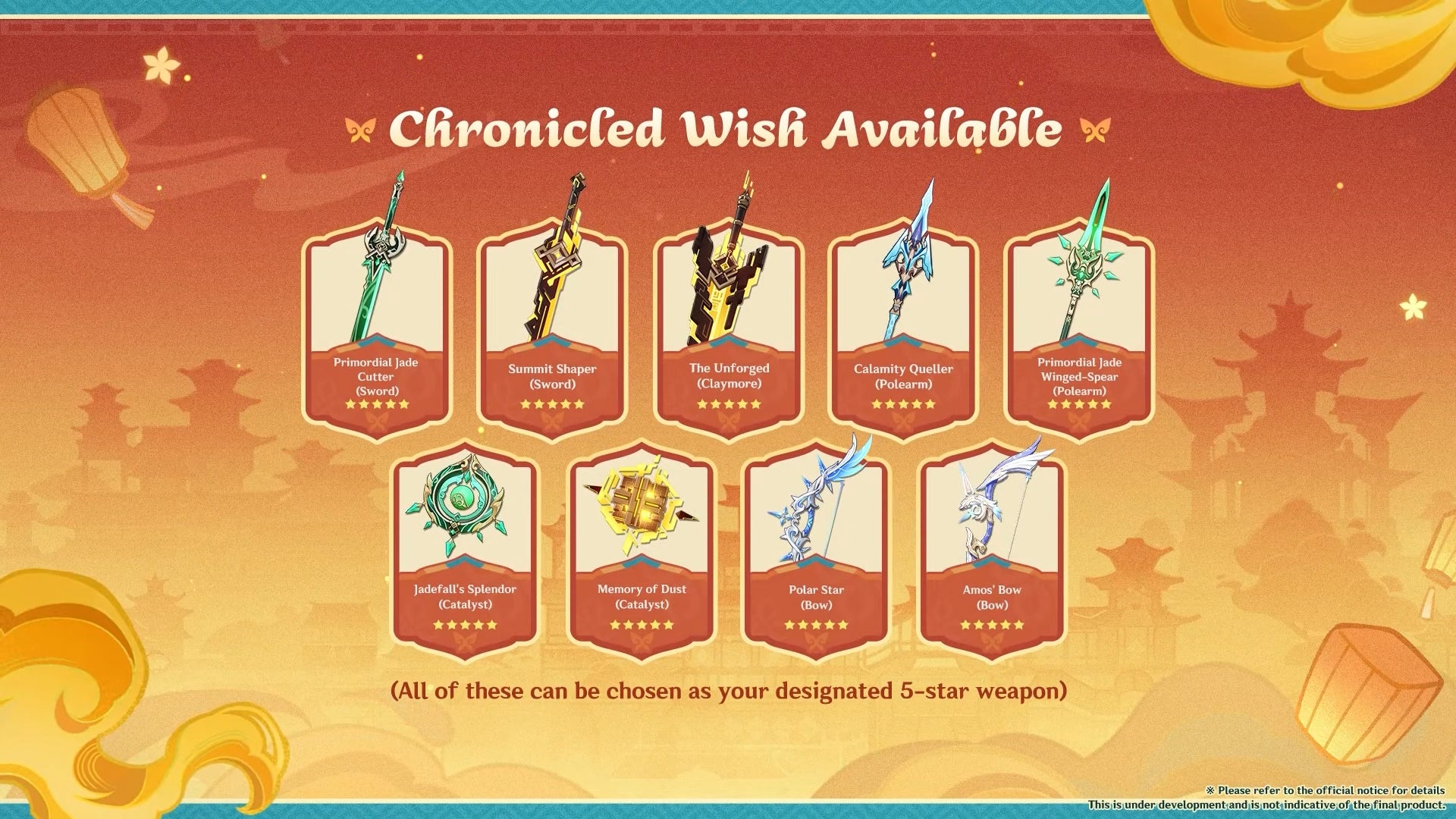 The version 5.3 Chrinicled Wish Banner in Genshin Impact with Liyue weapons.