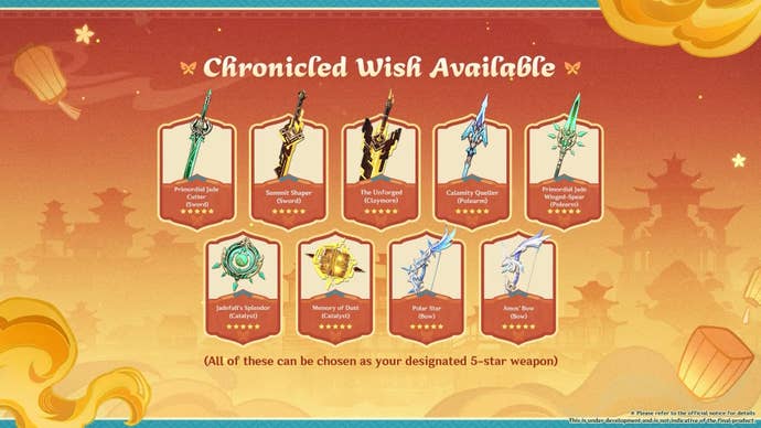 The version 5.3 Chrinicled Wish Banner in Genshin Impact with Liyue weapons.