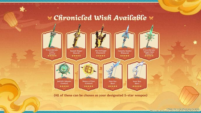 Version 5.3 Chrinicled Wish Banner in Genshin Impact with Liyue weapons.