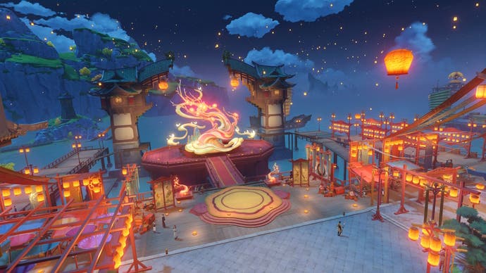 View of the Liyue skyline during Lantern Rite 2025 in Genshin Impact.