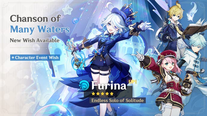 Furina's Banner in version 5.4 of Genshin Impact with Mika, Charlotte, and Chongyun.