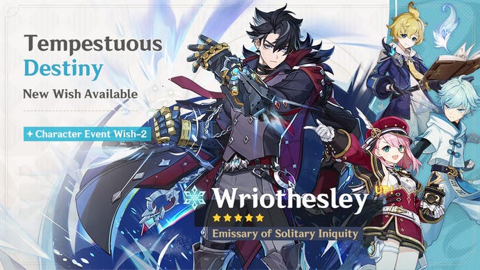 Wriothesley's Banner in version 5.4 of Genshin Impact with Mika, Charlotte, and Chongyun.