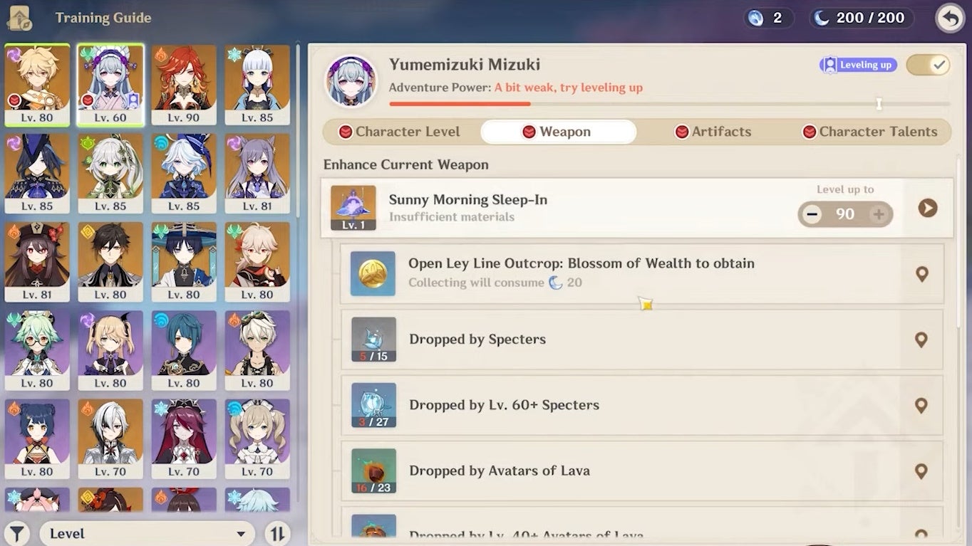 Training Guide menu in Genshin Impact.