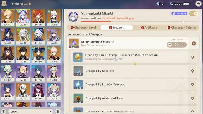 Training Guide menu in Genshin Impact.