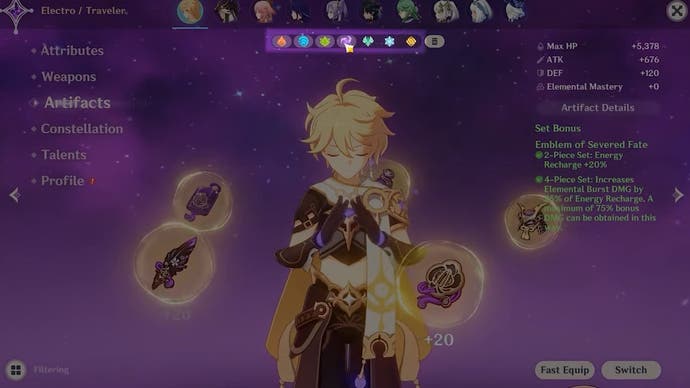 Elements selector in the menu of the characters of human impact.