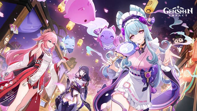 Main promotional image for version 5.4 of Genshin Impact with Mizuki, Yae Miko, and Raiden Shogun.