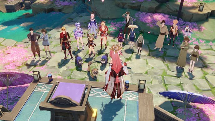 Yae Miko looking down at a crowd in Genshin Impact during version 5.4.