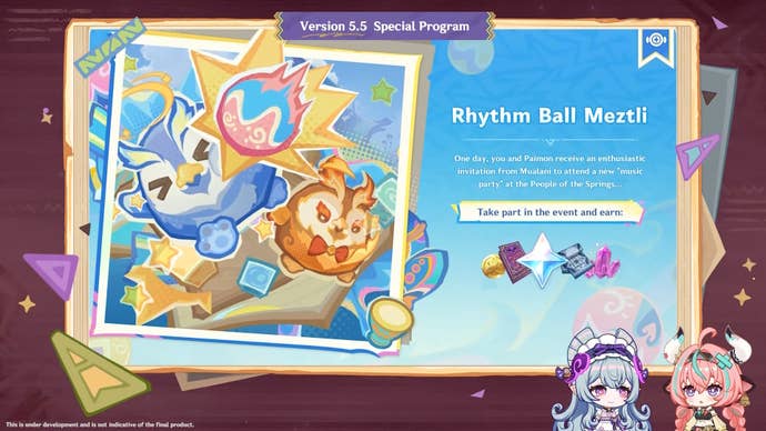 Event details for Rhythm Game Mitzli during version 5.5 of Genshin Impact.