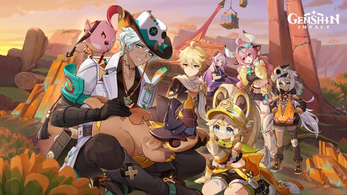 Keyart for version 5.5 of Genshin Impact, with Ifa, Varesa, Aether, Iansan, and Kachina.